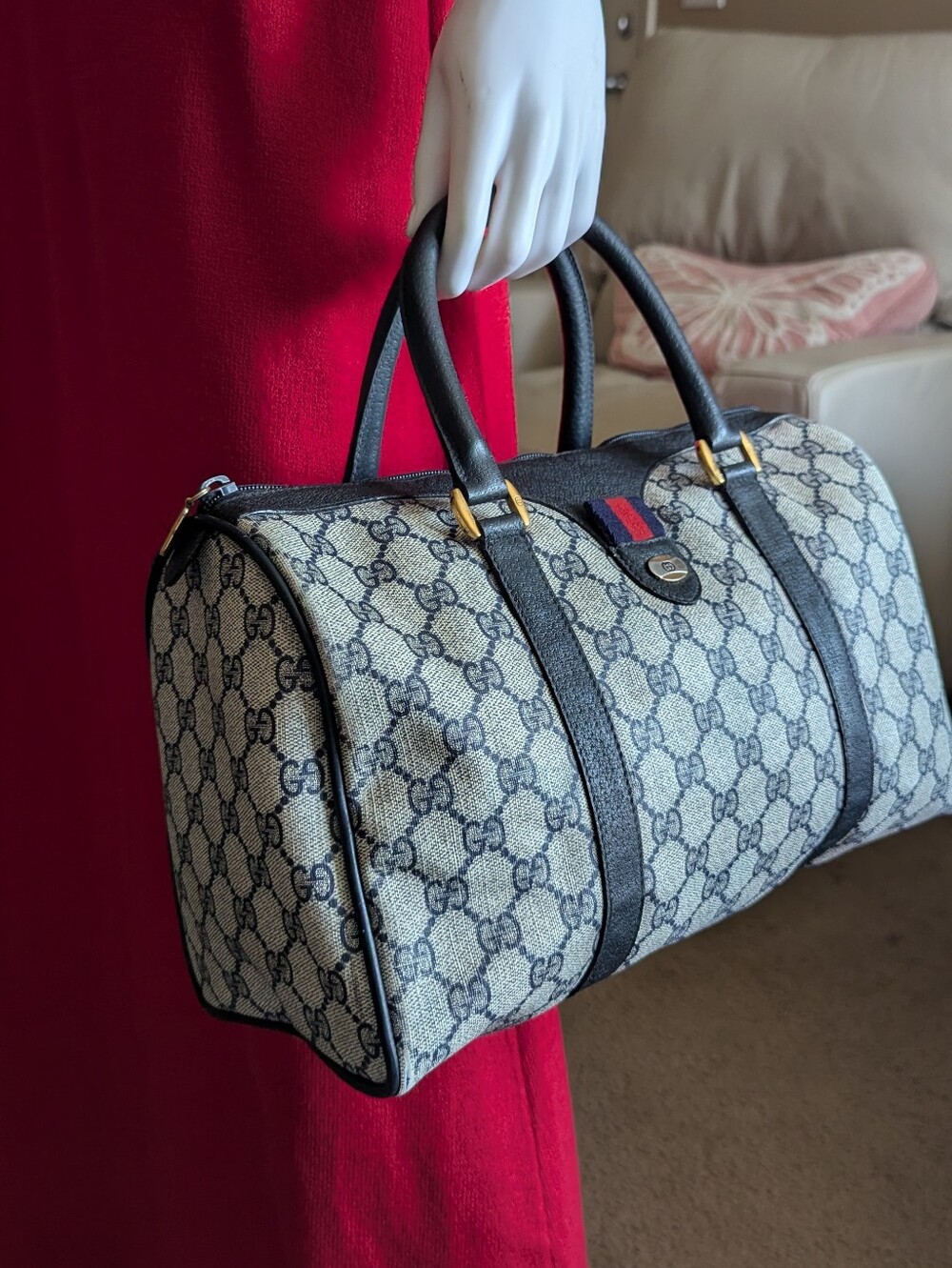 vintage 1980s Gucci Accessory Collection Navy GG Supreme Boston Bag.